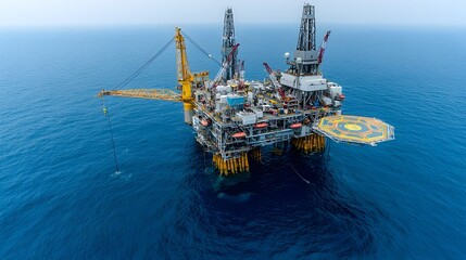 Poster - Aerial view of a massive offshore oil rig platform with intricate crane structures and equipment against the backdrop of deep blue ocean waters