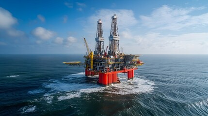 Poster - Majestic offshore oil rig standing tall against the horizon with waves gently crashing around the base and the machinery towering over the tranquil sea