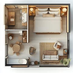 Poster - Top view 3D render of guest room featuring a daybed with a simple floor plan arranged on an isolated white background highlighting the rooms layout and design