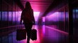 © milenialdesastudio - A woman with a backpack and luggage walks down a brightly lit airport corridor.