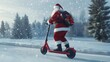 © Julia - Contemporary Santa Claus riding an eco-friendly electric scooter and delivering Christmas gifts, wintry landscape in the background
