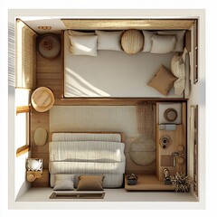 Poster - Top view 3D render of guest room featuring a daybed with a simple floor plan arranged on an isolated white background highlighting the rooms layout and design