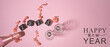 © Corri Seizinger - HAPPY NEW YEAR Silvester New Year's eve party celebration greeting card - Pink champagne bottle, champagne glasses, ribbons and cubes with year number 2025, on pink table background, top view.