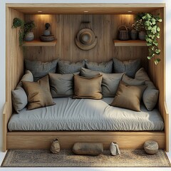 Fototapete - Top view 3D render of guest room with a daybed and a simple floor plan displayed on an isolated white background focusing on the rooms layout and decor