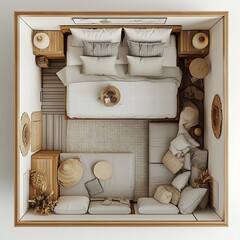 Poster - Top view 3D render of guest room with a daybed and detailed floor plan displayed on a white background showcasing the rooms layout and design elements