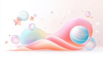 Poster - An abstract cosmic landscape with planets, stars, and galaxies in gentle pastel hues, flowing through space.