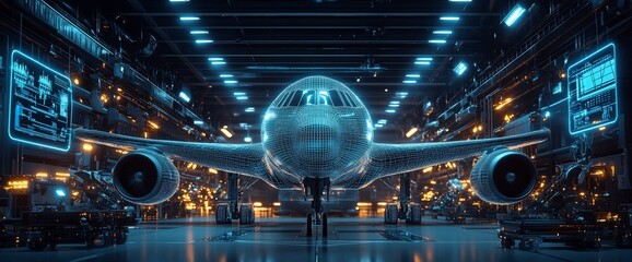 Poster - Airplane in a hangar with blue and orange lighting.