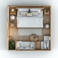 Fototapete - Top view 3D render of guest room with a daybed and detailed floor plan displayed on a white background showcasing the rooms layout and design elements