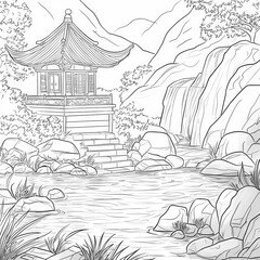 A mystical temple hidden deep in the forest, anime coloring page for kids, simple outline illustration. Coloring book, simple lines.