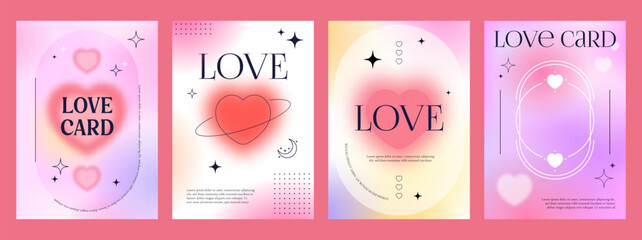 Poster - Valentine y2k gradient posters, love backgrounds in abstract modern style with hearts, gradients and pink or pastel colors. Vector vertical banner templates, modern romantic Valentines trendy cards