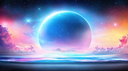 Poster - An artistic view of a pastel space scene with a large, glowing moon, star clusters, and a swirling galaxy of pastel tones.