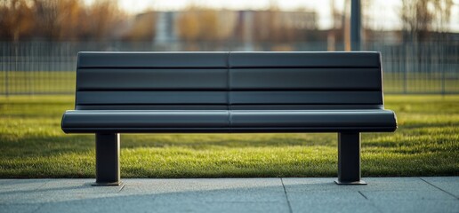 Poster - An empty black bench in a park, on a grey concrete walkway, with green grass in front.