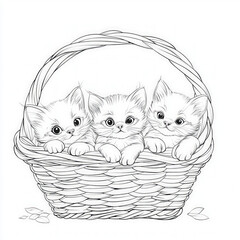 Sticker - Adorable kittens playing in a basket, coloring page for kids, simple outline illustration. Coloring book, simple lines.