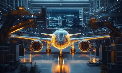Poster - An airplane in a factory with robot arms and a digital display in the background.
