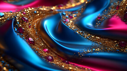 Sticker - Abstract 3D Render of Blue and Pink Fabric with Gold Glitter