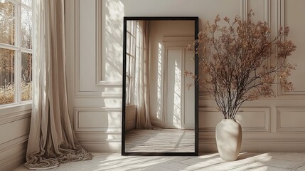 Poster - An elegant modern mirror with a sleek black metal frame, beautifully reflecting its surroundings against a pristine white backdrop, adding a touch of sophistication.