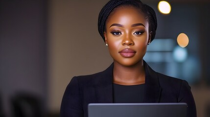 Aufkleber - African American female entrepreneur working on financial analysis and data visualization with laptop detailed bar graphs and pie charts visible in a quiet focused office workspace environment