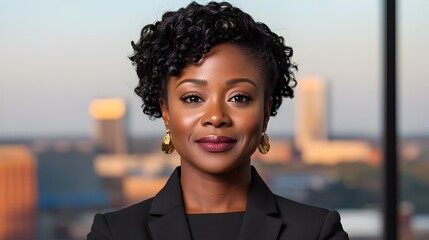 Aufkleber - Confident African American professional woman reviewing detailed financial reports and data analytics on her laptop computer in a contemporary urban office setting with a city skyline visible in the