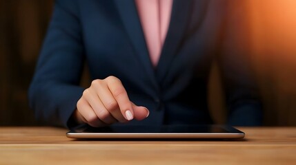 Elegant Professional Woman s Hand Interacting with Tablet Showing Dynamic Graphs and Digital Data Analytics in a Modern Corporate Office Environment