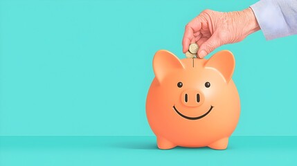 Poster - Flat of an elderly hand placing coins into a smiling piggy bank symbolizing positive aging and financial savings for a secure future