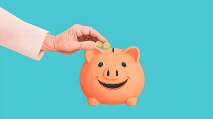 Poster - Flat depicting an elderly hand placing coins into a smiling piggy bank symbolizing the positive aspects of aging and the importance of financial savings for the future