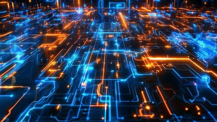 Poster - Vibrant digital circuitry design with glowing blue and orange lines representing advanced technology and data flow