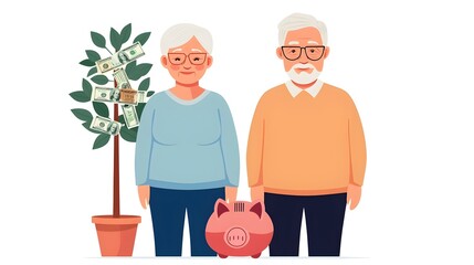 Poster - Elderly Couple Holding Piggy Bank with Growing Money Tree Promoting Secure Financial Planning for Positive Aging and Retirement
