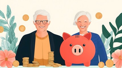 Poster - Cheerful Piggy Bank Representing Retirement Savings Surrounded by Smiling Senior Couple Planning for Their Financial Future and Growing Wealth