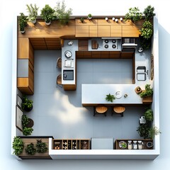 Poster - Top view 3D render of kitchen layout with a central island open shelves and a large fridge detailed floor plan shown on a plain white background emphasizing effective space design