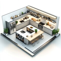 Fototapete - Top view 3D render of kitchen layout with a central island open shelves and a large fridge detailed floor plan shown on a plain white background emphasizing effective space design