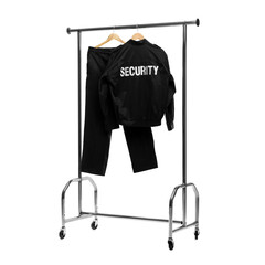 Wall Mural - Security guard's uniform on clothing rack isolated on white