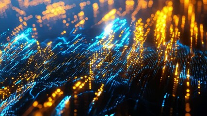 Poster - A vibrant digital landscape of glowing blue and orange lines resembling flowing data in a futuristic environment