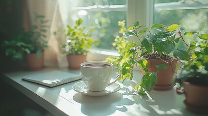 Poster - Clean, minimalist workspace setup with a tablet, coffee cup, and notebook on a white desk, bathed in natural light.