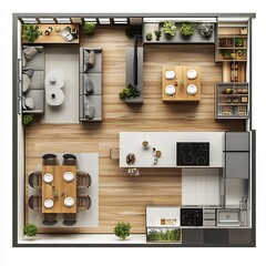 Poster - Top view 3D render of kitchen layout with a central island open shelving and a large fridge detailed floor plan on a plain white background emphasizing layout and functionality