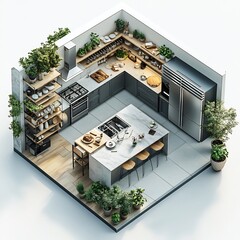Poster - Top view 3D render of kitchen layout with a central island open shelving and a large fridge detailed floor plan on a plain white background emphasizing layout and functionality