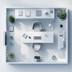 Poster - Top view 3D render of minimalist study room featuring a white desk simple chair and floating shelves with a detailed floor plan on a clean white background showcasing simplicity