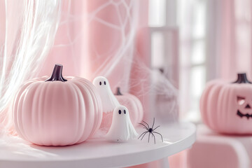 Poster - Halloween interior details. Modern home interior with pastel pink and white pumpkins, small ghost decorations and spider webs on table