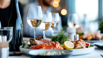 A sophisticated seafood dinner presentation emphasizes luxury with a beautiful plate of shrimp, herbs, lemon and two filled glasses of white wine on a well-set table.