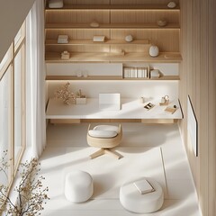 Poster - Top view 3D render of minimalist study room featuring a white desk simple chair and floating shelves with a detailed floor plan on a clean white background showcasing simplicity
