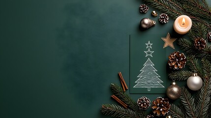 Poster - Elegant Art Deco Christmas Invitation Card Design with Stylized Tree Star Bauble and Candle on Deep Green Background Perfect for Luxury Holiday Posters Brochures and Invitations