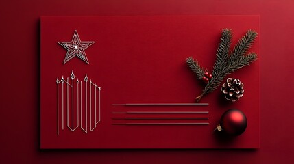 Elegant Art Deco Style Christmas Invitation with Geometric Ornaments  Luxurious holiday card design featuring line art of a star bauble and candle on an elegant red background