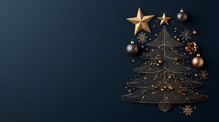 Poster - Elegant Art Deco Christmas Design with Line Art Christmas Tree Star and Bauble Ball on a Luxurious Navy Blue Background Ideal for Posters Calendars and Wallpapers
