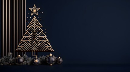Aufkleber - Elegant Art Deco Christmas Design with Line Art Christmas Tree Star and Bauble Ball on a Navy Blue Background Ideal for Luxurious Posters and Holiday Decor