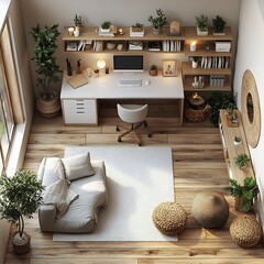 Poster - Top view 3D render of minimalist study room with a white desk simple chair and floating shelves arranged in a functional floor plan shown on a white isolated background