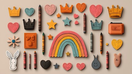 Aufkleber - Vibrant Crayon Drawn Sticker Collection Featuring Whimsical Shapes Hearts Crowns Rainbows and Stars for a Playful Kids  Collage or