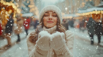 Wall Mural - A woman in a white hat and a white sweater is standing in the snow