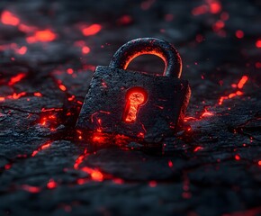 Poster - broken padlock with shattered pieces flying, symbolizing an email security breach, dark background, 