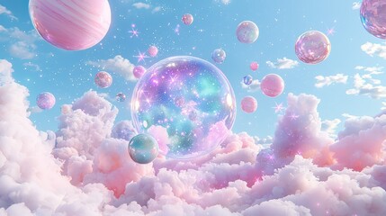 Poster - Pastel planets in a cosmic dance, with stars and galaxies stretching into infinity, surrounded by delicate pink and purple hues.