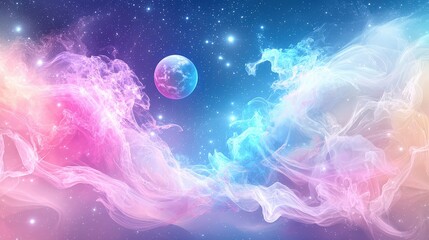 Poster - Planets of all sizes floating in space, surrounded by swirling pastel nebulae and twinkling stars.