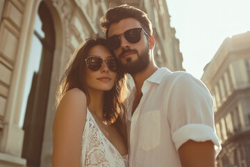 Stylish young couple in sunglasses posing confidently outdoors
